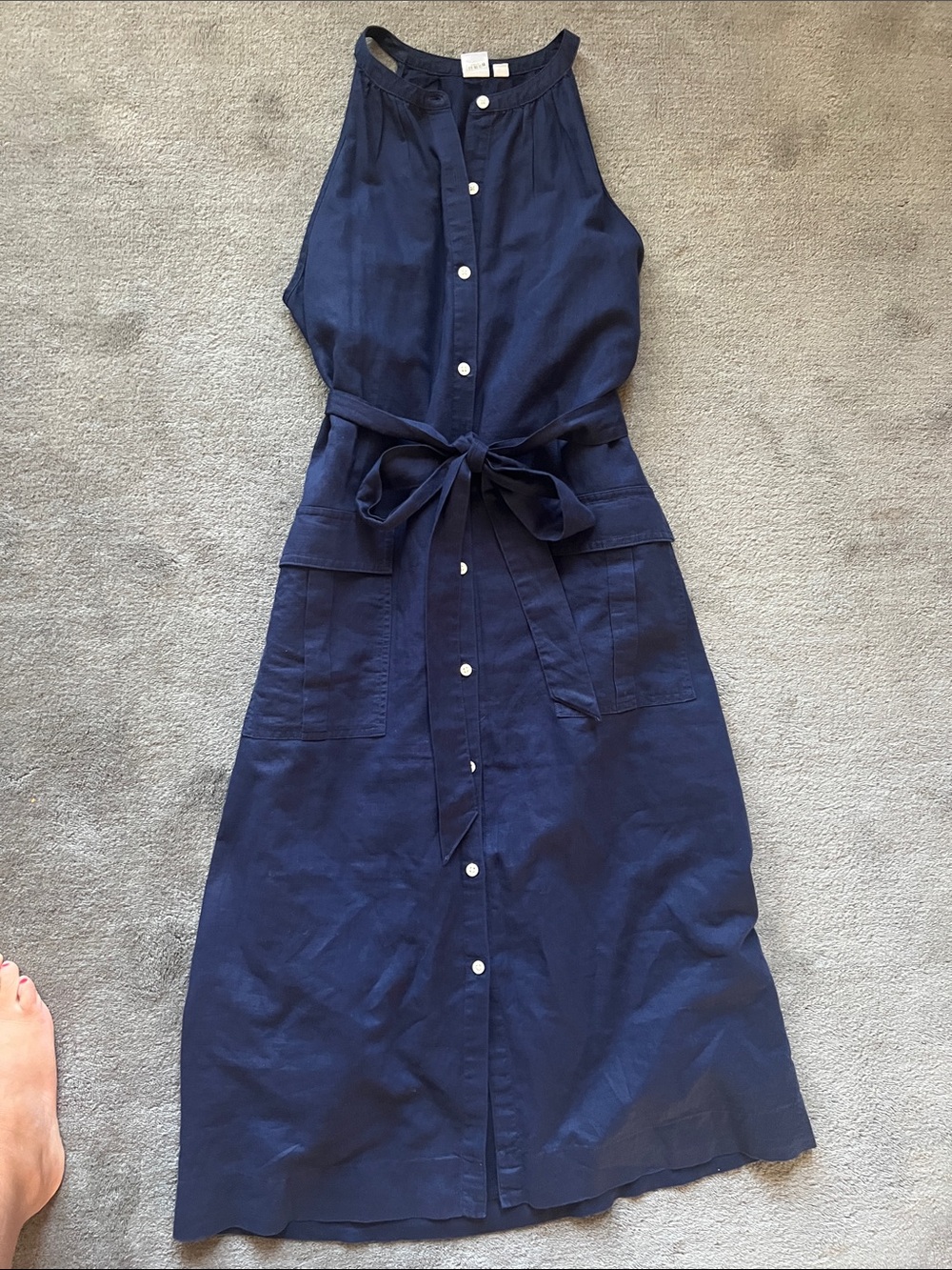 GAP Navy Sleeveless Linen Button-Front Midi Dress with Waist Tie